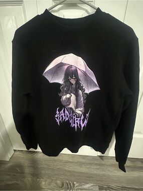 Black Graphic Hoodie with Purple Umbrella Anime Print